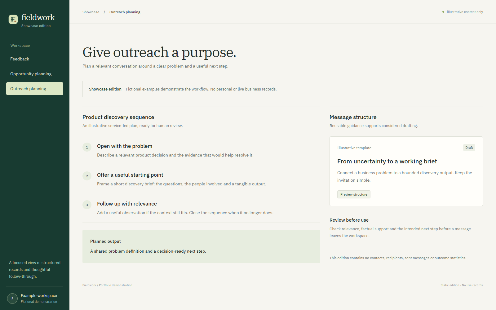 Fieldwork showcase edition with fictional outreach-planning content and a three-stage review sequence.